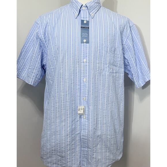 NEW Jos A Bank Stays Cool Shirt Seersucker Button Shoer Sleeve Blue Striped L - Picture 1 of 2